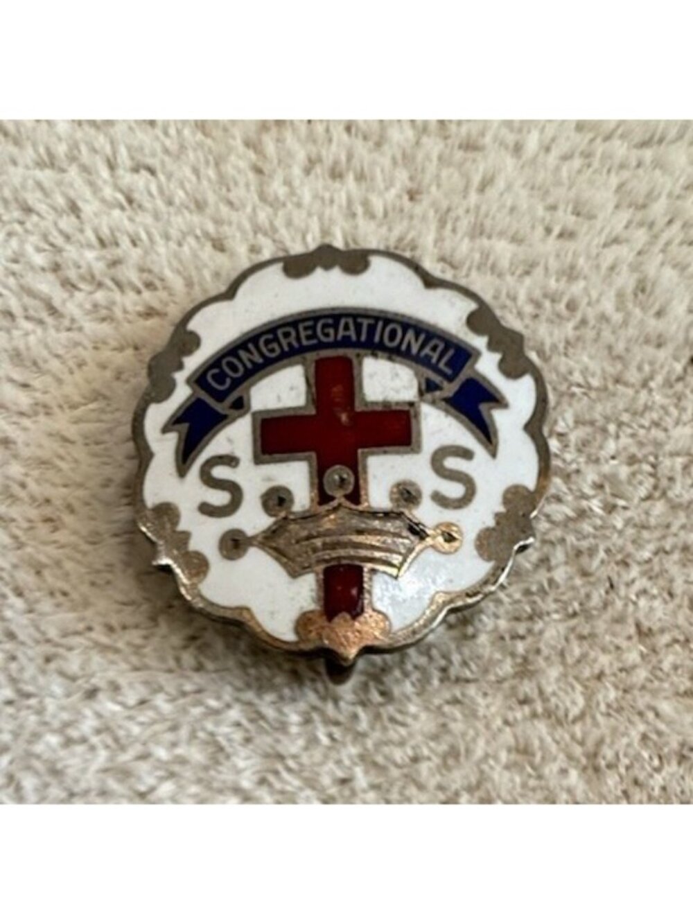 Vintage Congregational S.S. Enamel Cross & Crown Religious Pin